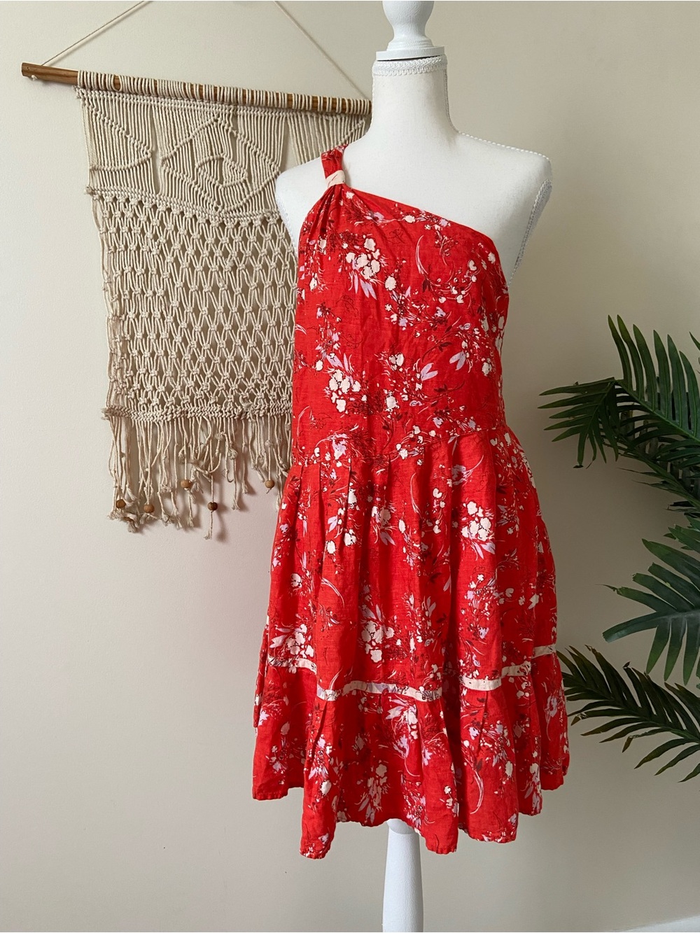 Free People Linen All Mine Red Floral One Shoulder Asymmetrical Boho Mini Dress